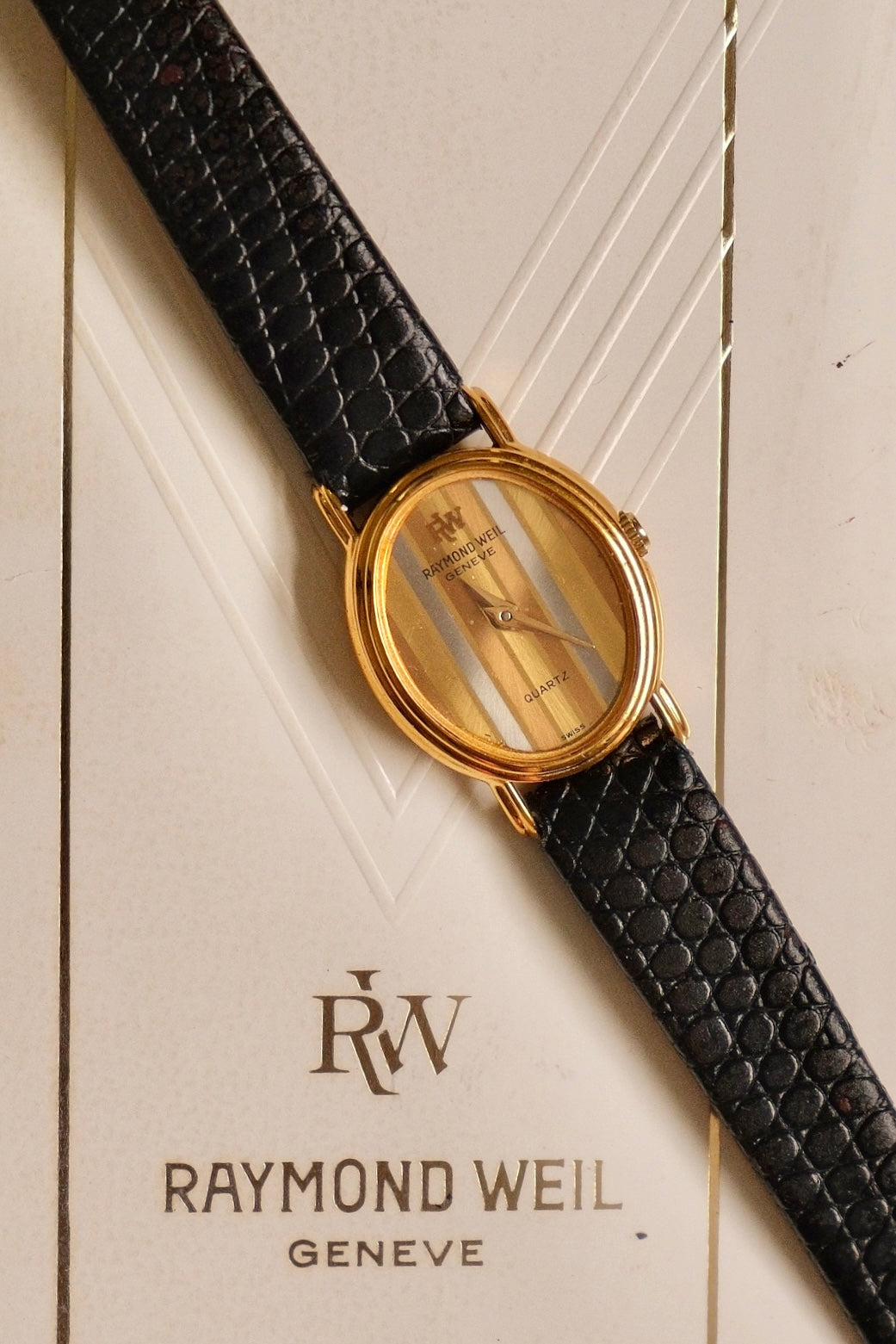 Rare Petite Vintage Ladies Raymond Weil Genève Tri Gold Watch 1987 Swiss Quartz Ladies Black Leather Strap with Papers