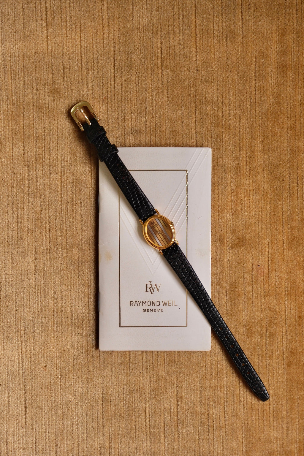 Rare Petite Vintage Ladies Raymond Weil Genève Tri Gold Watch 1987 Swiss Quartz Ladies Black Leather Strap with Papers