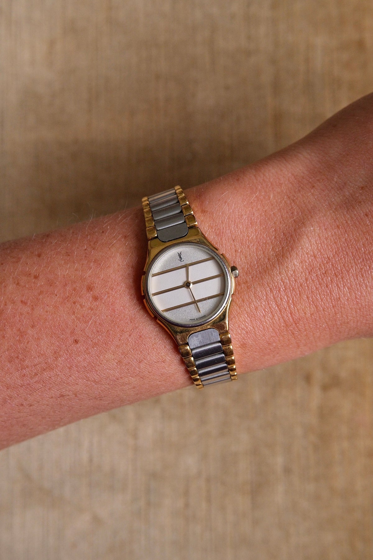Vintage Ladies 1990s YSL Quartz Two Tone Watch - White & Silver Striped Dial