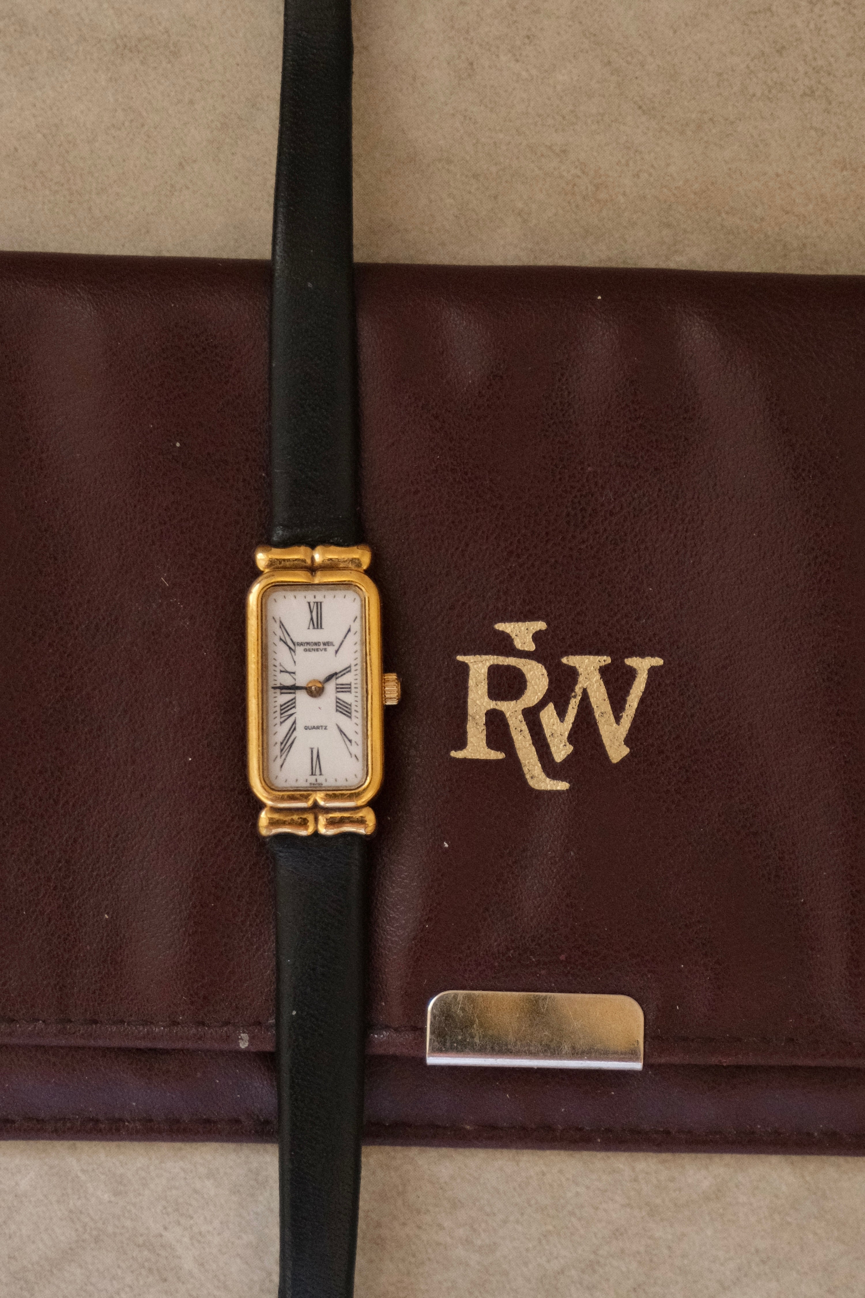 Vintage Raymond Weil Tank Watch: 18k Gold Plated, Leather Strap, Working
