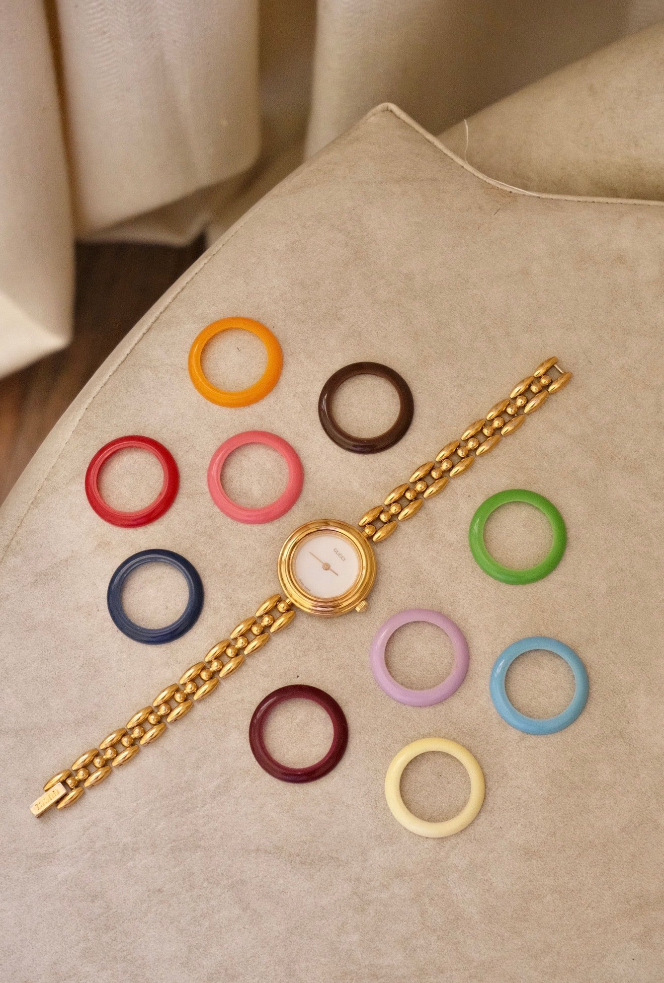 Vintage 1990 Gucci 11/12.2 Interchangeable Bezel Watch Gold Plated Swiss Ladies Watch Original Box