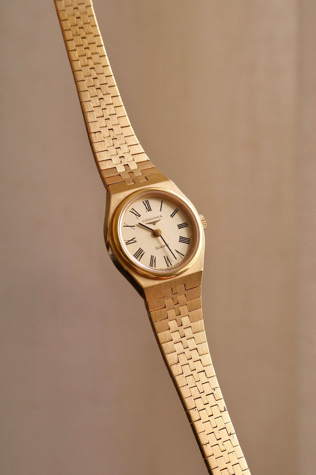 Vintage Ladies Gold Plated Longines Watch, Roman Numeral Champange Dial Box & Papers