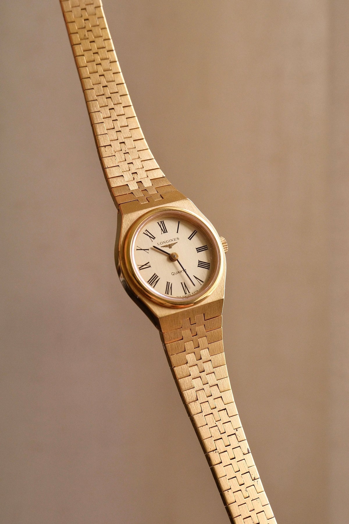 Vintage Ladies Gold Plated Longines Watch, Roman Numeral Champange Dial Box & Papers