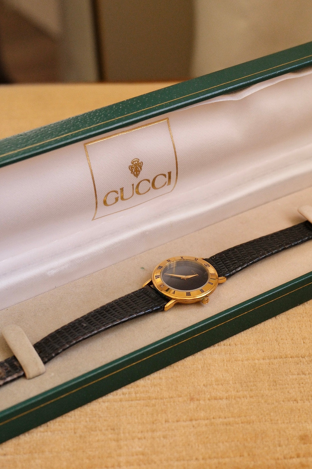 90s Ladies Gold-Plated Gucci 3000L Quartz Watch with Black Leather Strap in Box