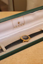 90s Ladies Gold-Plated Gucci 3000L Quartz Watch with Black Leather Strap in Box