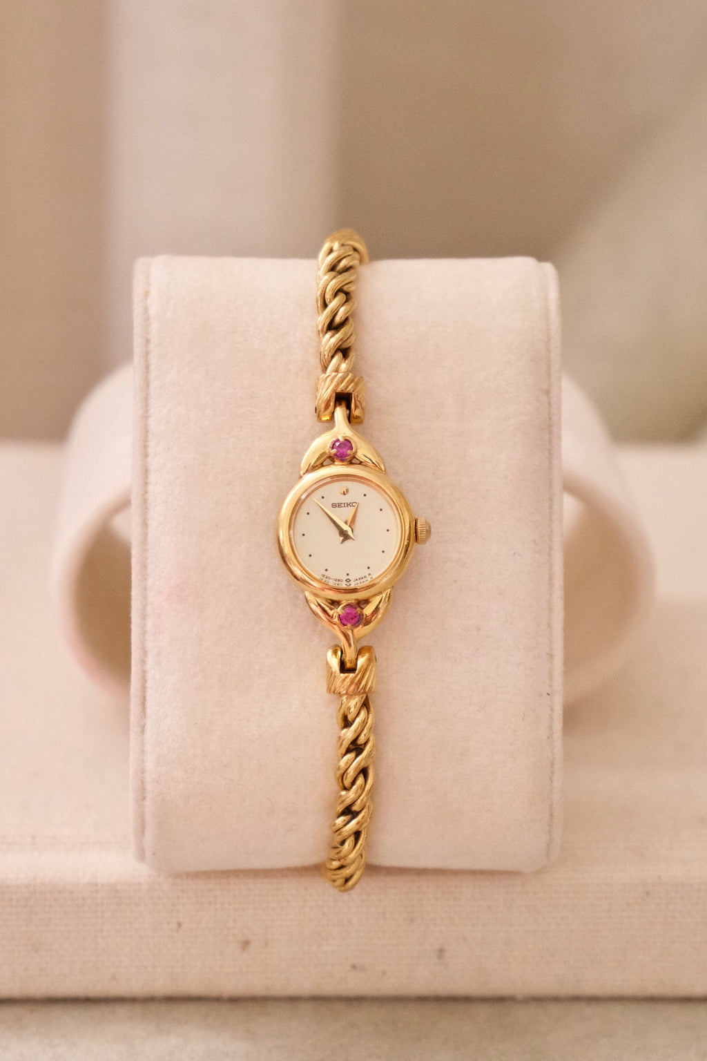Vintage Seiko Gold Plated Quartz Watch - Rubies, Twisted Chain Bracelet