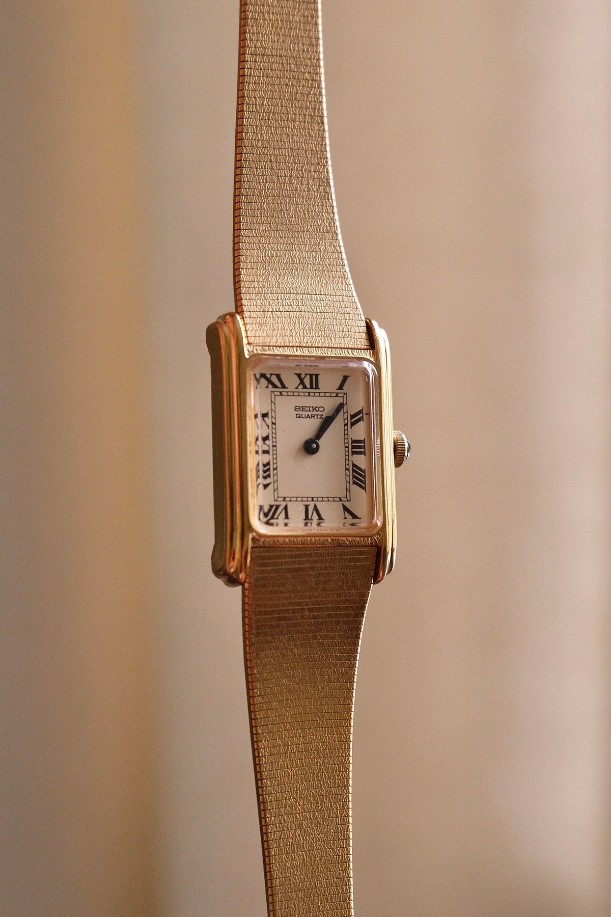 Rare 1980s Ladies Gold Plater Seiko Tank Watch with Roman Numeral Dial