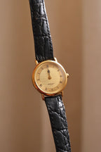 Vintage Ladies Givenchy Paris Gold Dress Watch, Black Crocodile Leather Strap, Roman Numeral Dial, Classic Luxury Wristwatch