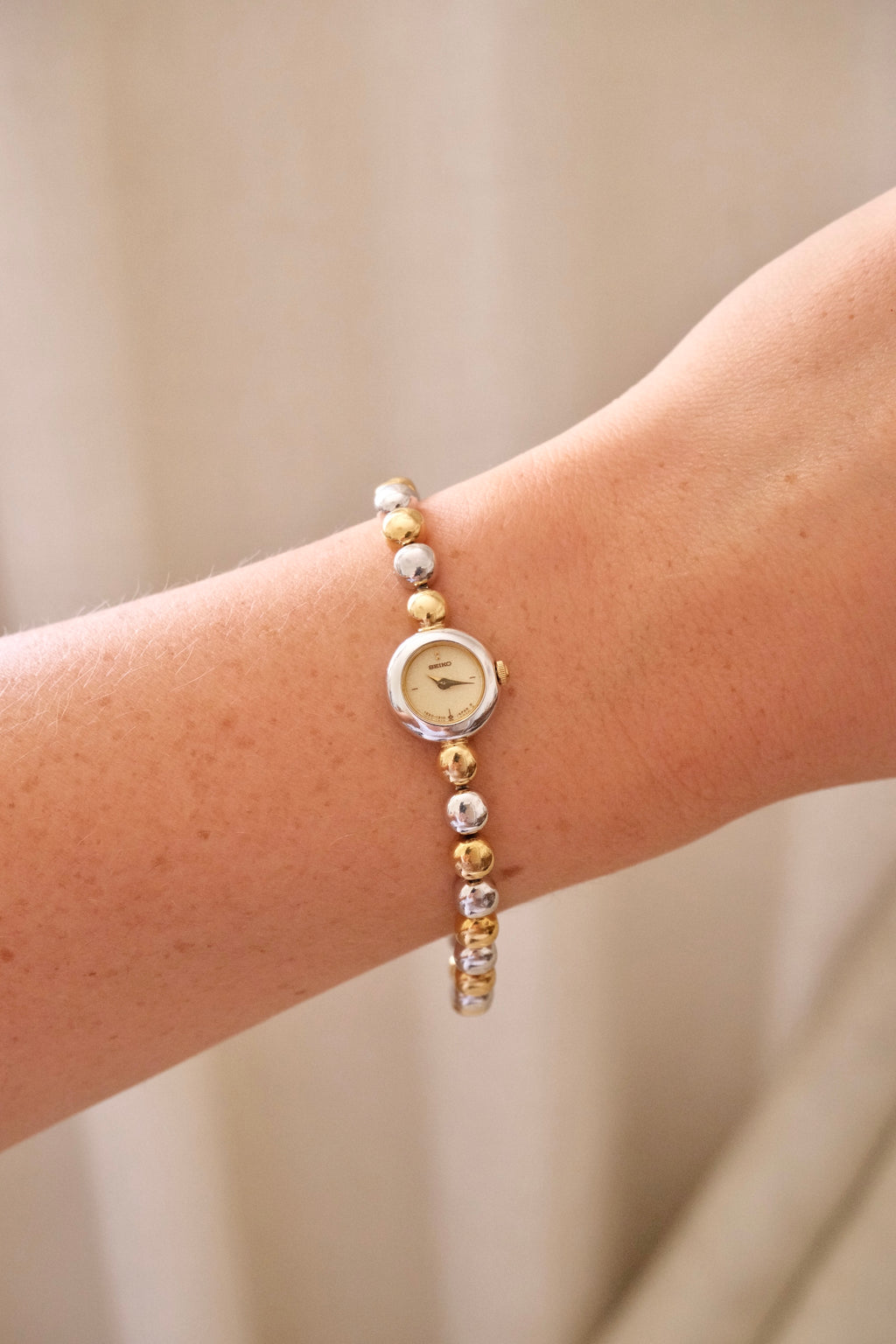 Rare Dainty Petite 90s Seiko Vintage Two Tone Watch Working with Safety Chain