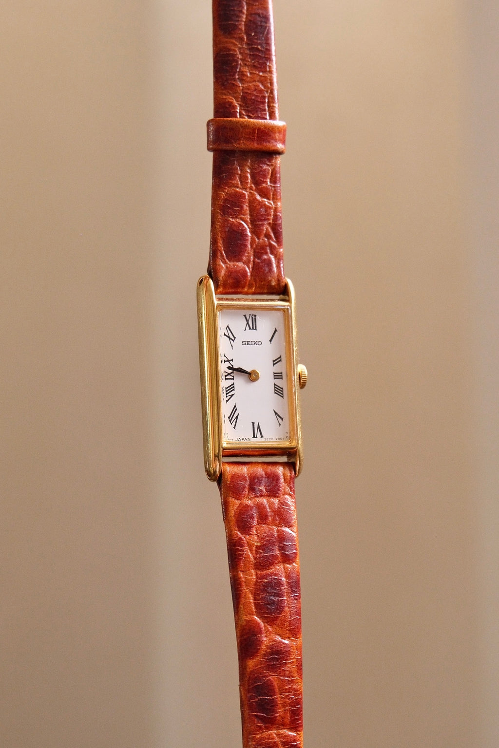 Rare 90s Slim & Petite Gold Tank Style Seiko Watch Roman Numerals on Leather Strap Working