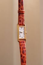Rare 90s Slim & Petite Gold Tank Style Seiko Watch Roman Numerals on Leather Strap Working