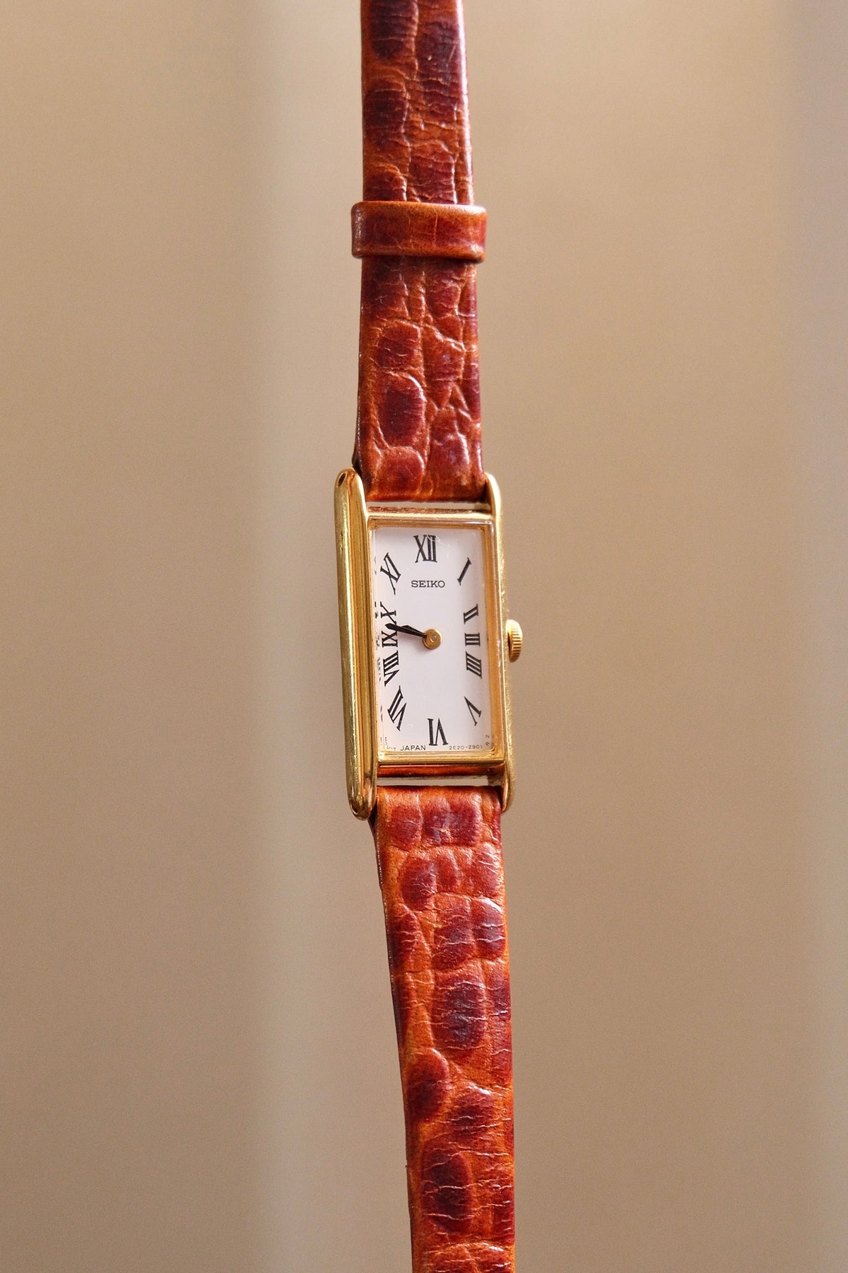 Rare 90s Slim & Petite Gold Tank Style Seiko Watch Roman Numerals on Leather Strap Working