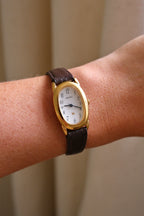 Vintage 90s Ladies Seiko 1F21 6B10 Tank Baignoire Style Watch Brown Leather Strap Gold Tone Quartz Japan