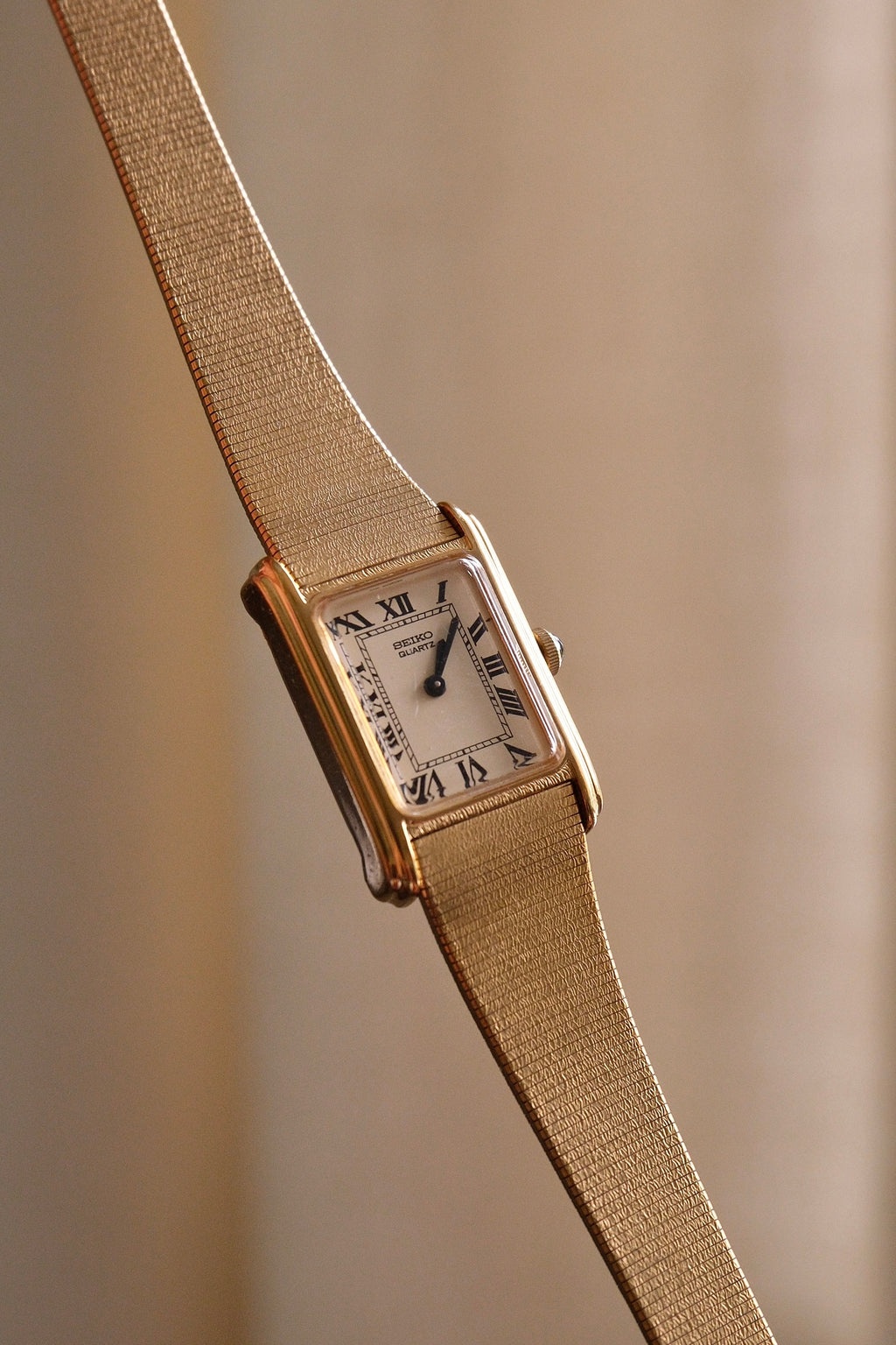 Rare 1980s Ladies Gold Plater Seiko Tank Watch with Roman Numeral Dial
