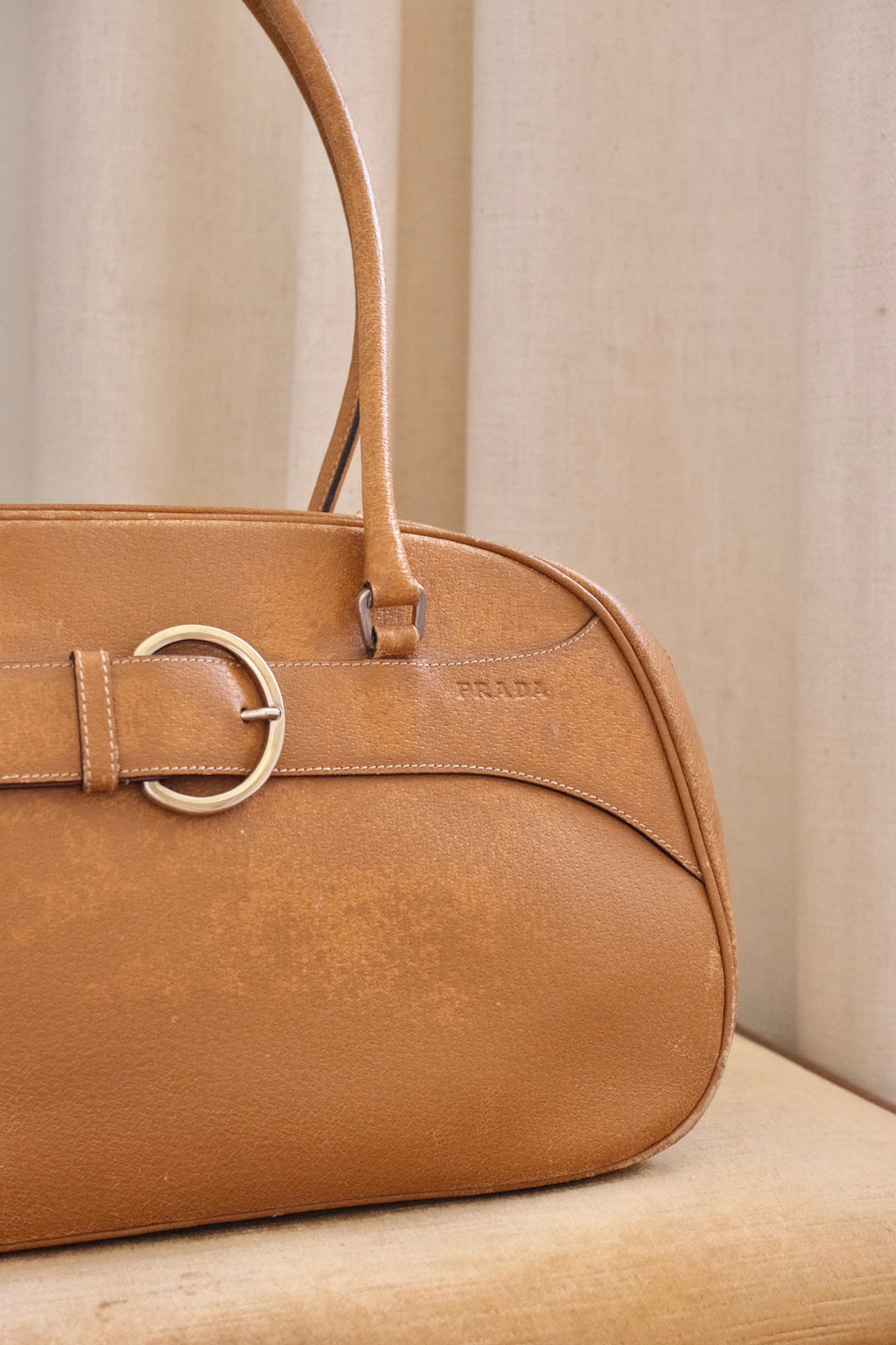 2000s Vintage Prada Camel Leather Bowling Shoulder Bag