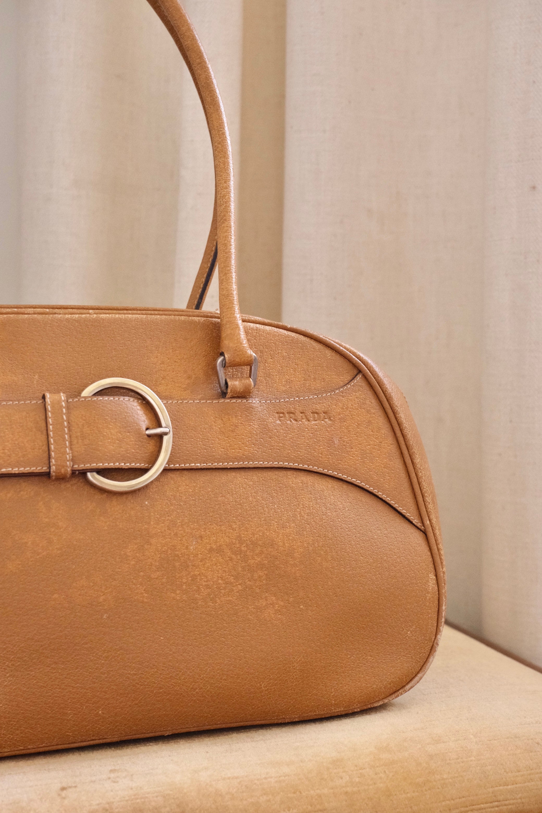 2000s Vintage Prada Camel Leather Bowling Shoulder Bag