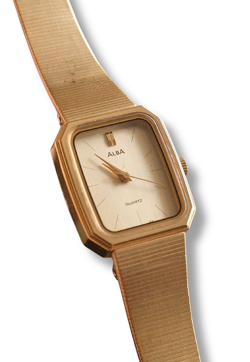 Vintage Alba Seiko Ladies Gold Watch Featuring an Octagonal case and a Textured link bracelet