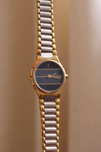 Vintage Ladies 1990s YSL Quartz Two Tone Watch - Blue Striped Dial