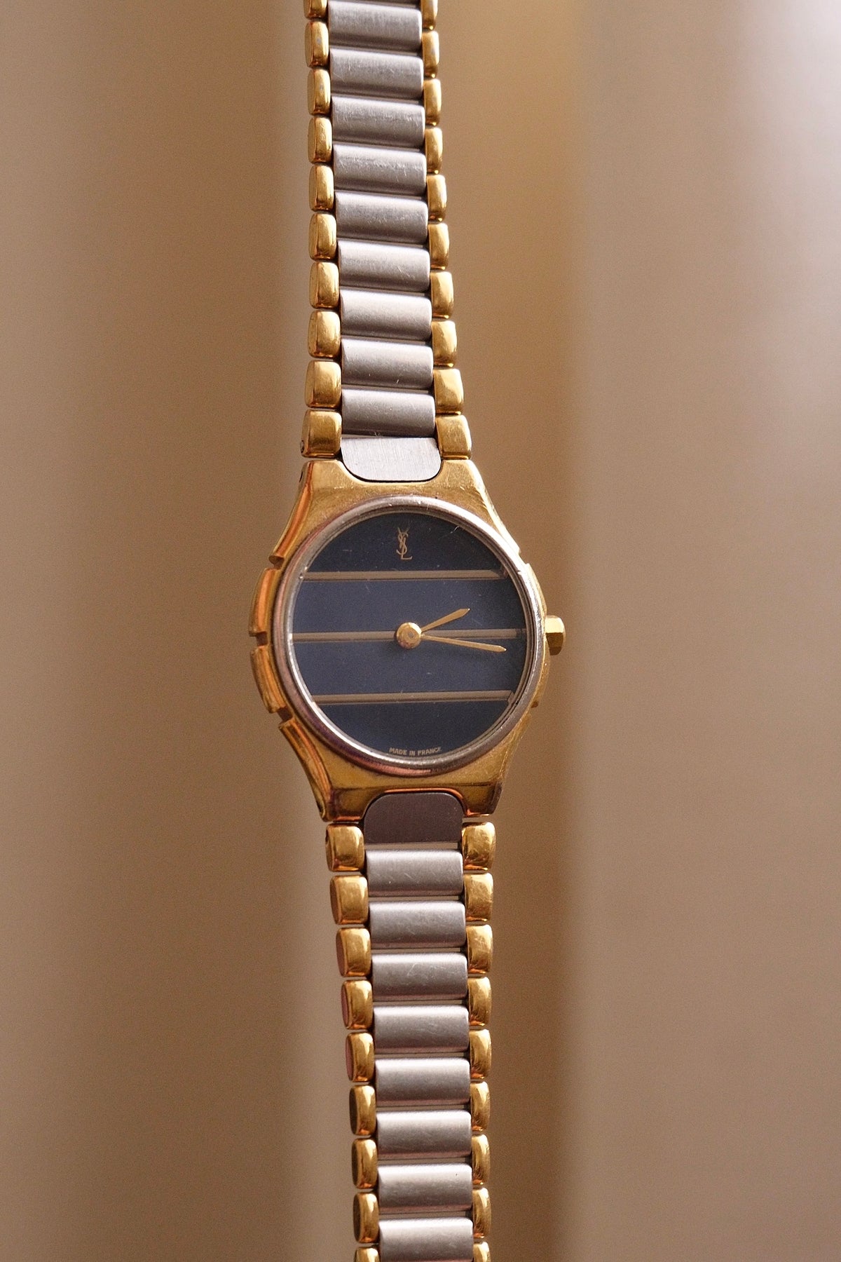 Vintage Ladies 1990s YSL Quartz Two Tone Watch - Blue Striped Dial