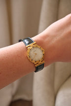 Vintage Seiko Lassale Ladies Watch, Gold Plated 1980s Ultra Thin Dress Watch Roman Numeral Bezel, Green Leather Strap