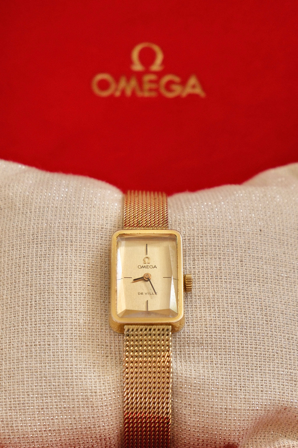 1970s Omega De Ville Manual Wind Gold Plated Tank Style Watch Mesh Strap, in Omega Box Working