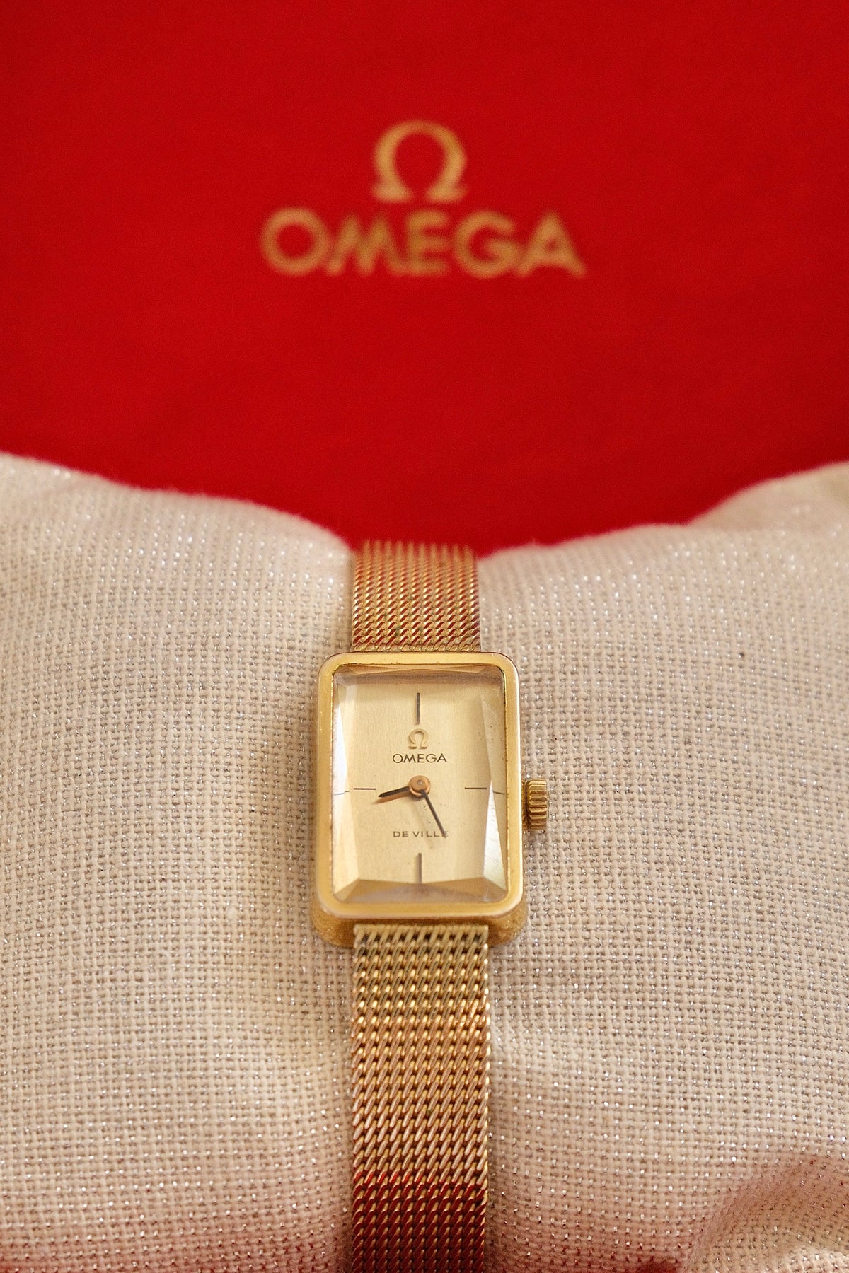 1970s Omega De Ville Manual Wind Gold Plated Tank Style Watch Mesh Strap, in Omega Box Working