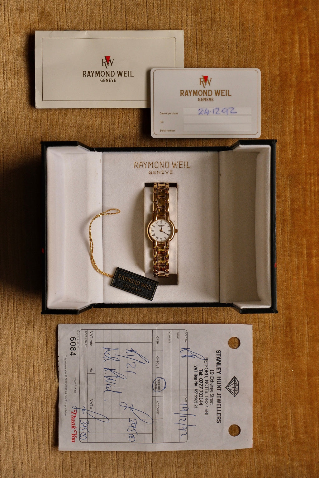 1992 Ladies Gold Raymond Weil Geneva Watch Roman Numerals with Box and Papers