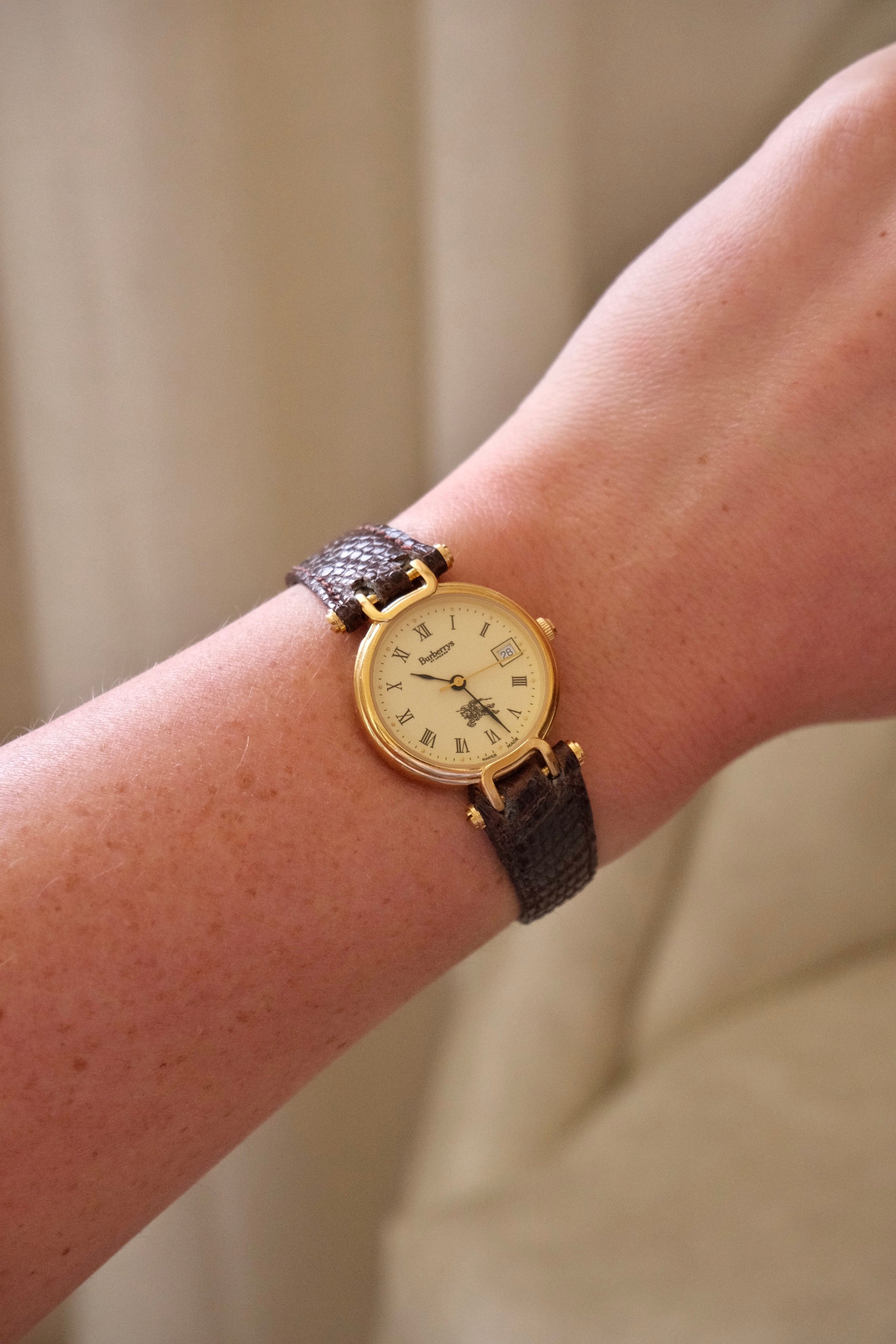 1994 Ladies Burberrys Gold Tone Round Watch with Date Brown Lizard Strap