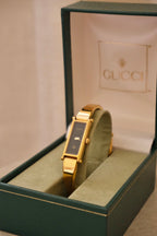 Vintage Ladies 1500L Gold Gucci Horsebit Watch with Black Dial in Box