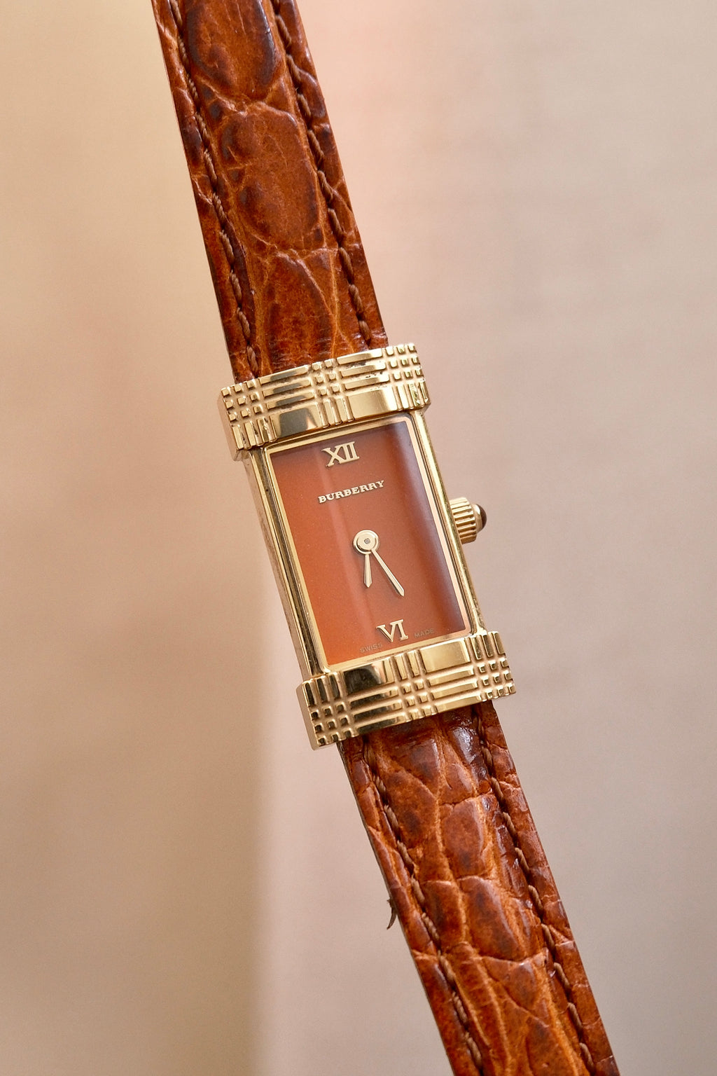 Rare Vintage 00s Orange Dial Burberry Tank Style Gold Watch on Orange Leather Strap Box & Papers