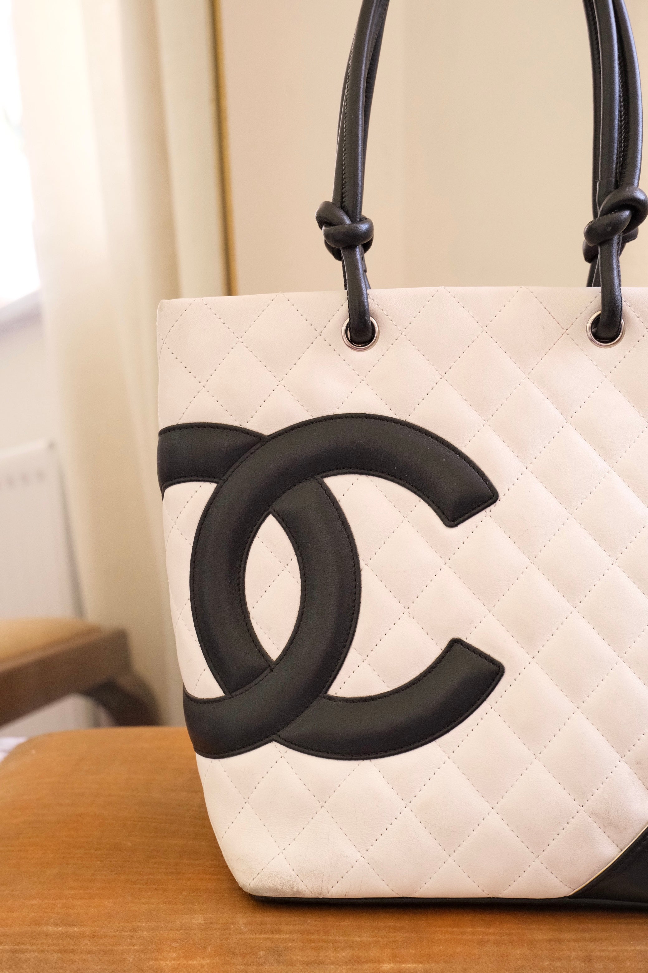 Authentic 2004 Chanel Cambon Tote Bag White Black Quilted Leather Shoulder Bag