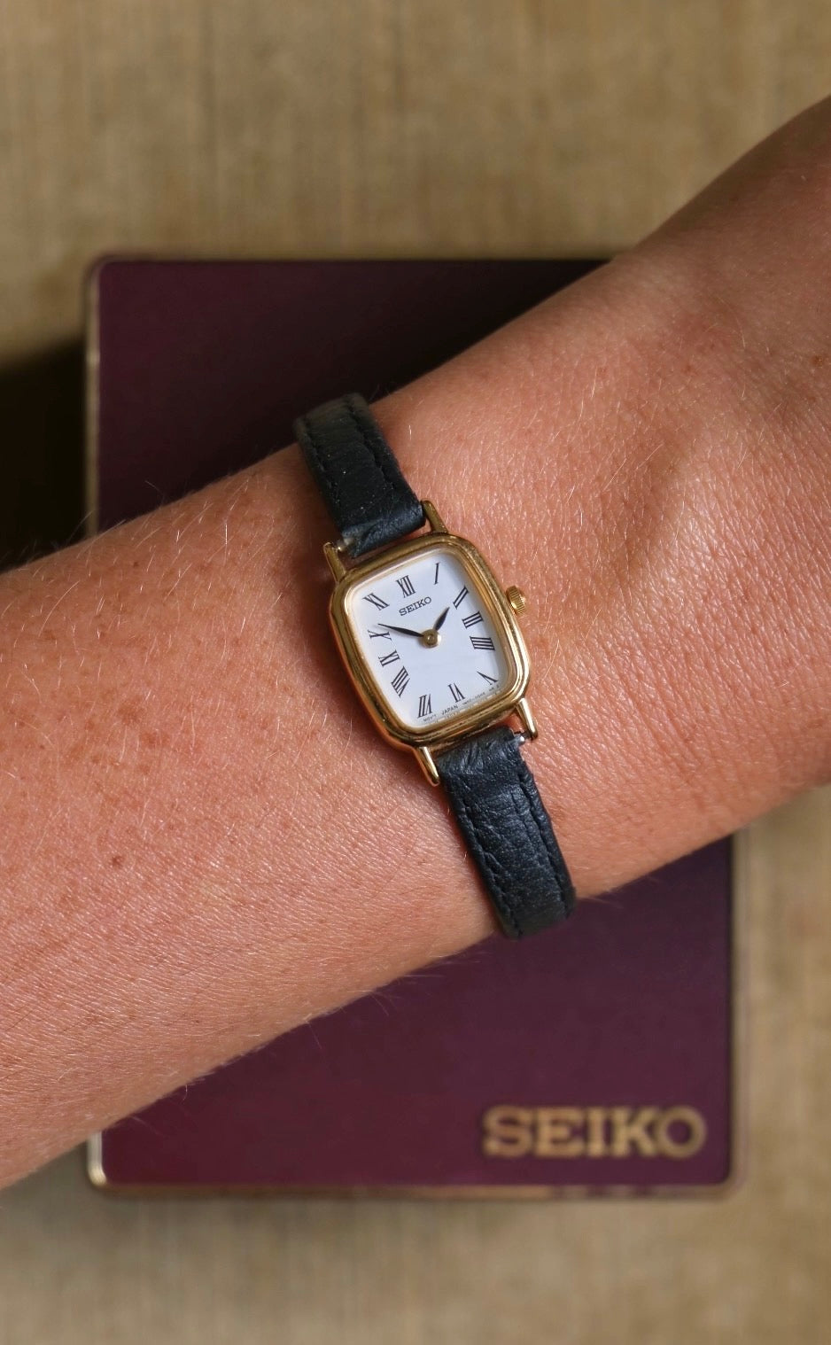 Vintage Ladies Gold Tank Seiko Watch with Leather Strap in Box