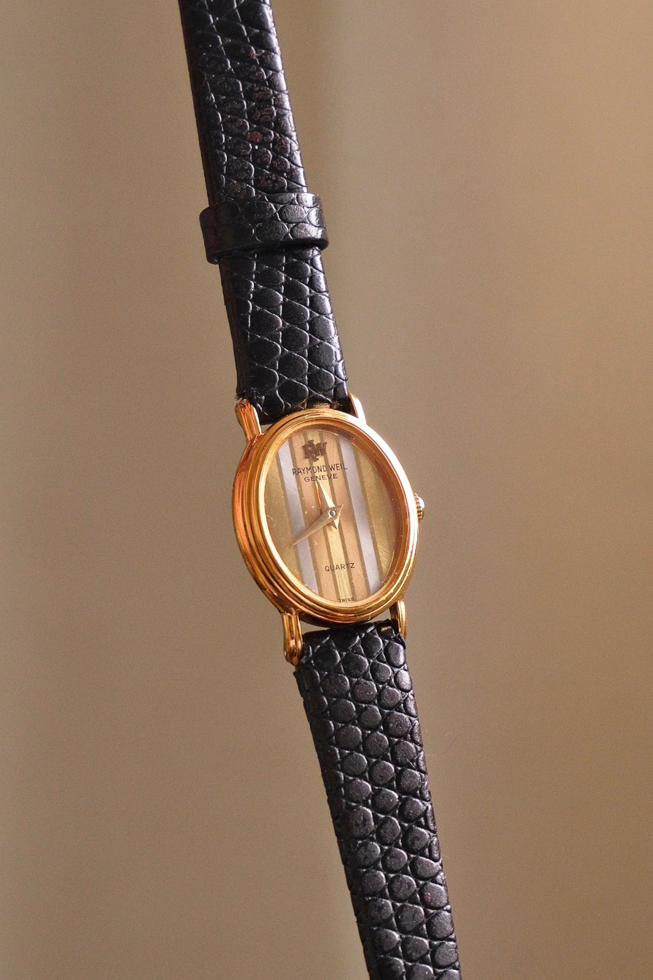 Rare Petite Vintage Ladies Raymond Weil Genève Tri Gold Watch 1987 Swiss Quartz Ladies Black Leather Strap with Papers