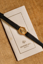Rare Petite Vintage Ladies Raymond Weil Genève Tri Gold Watch 1987 Swiss Quartz Ladies Black Leather Strap with Papers
