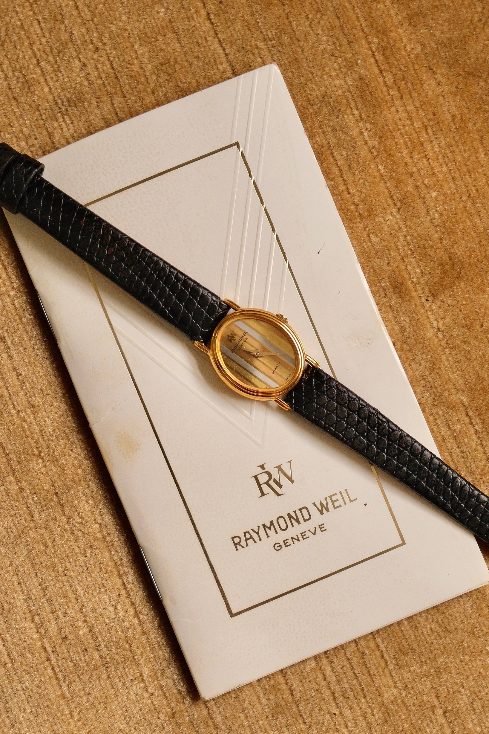 Rare Petite Vintage Ladies Raymond Weil Genève Tri Gold Watch 1987 Swiss Quartz Ladies Black Leather Strap with Papers