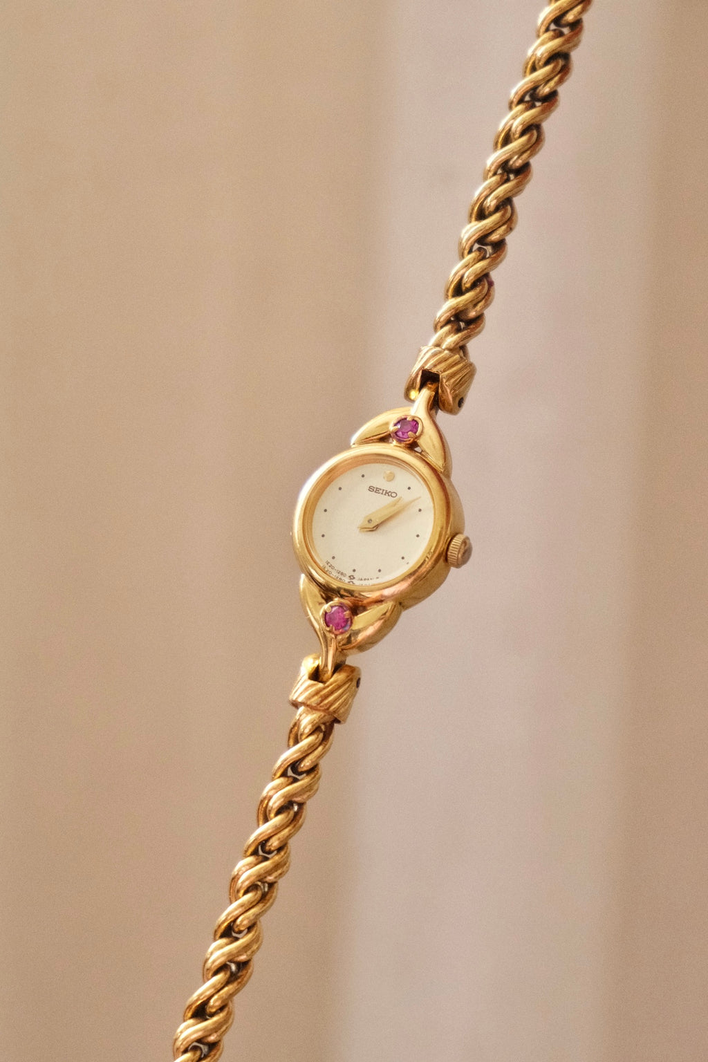 Vintage Seiko Gold Plated Quartz Watch - Rubies, Twisted Chain Bracelet