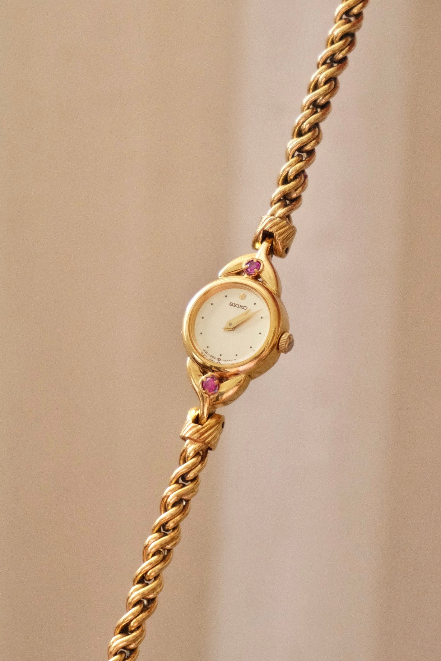 Vintage Seiko Gold Plated Quartz Watch - Rubies, Twisted Chain Bracelet