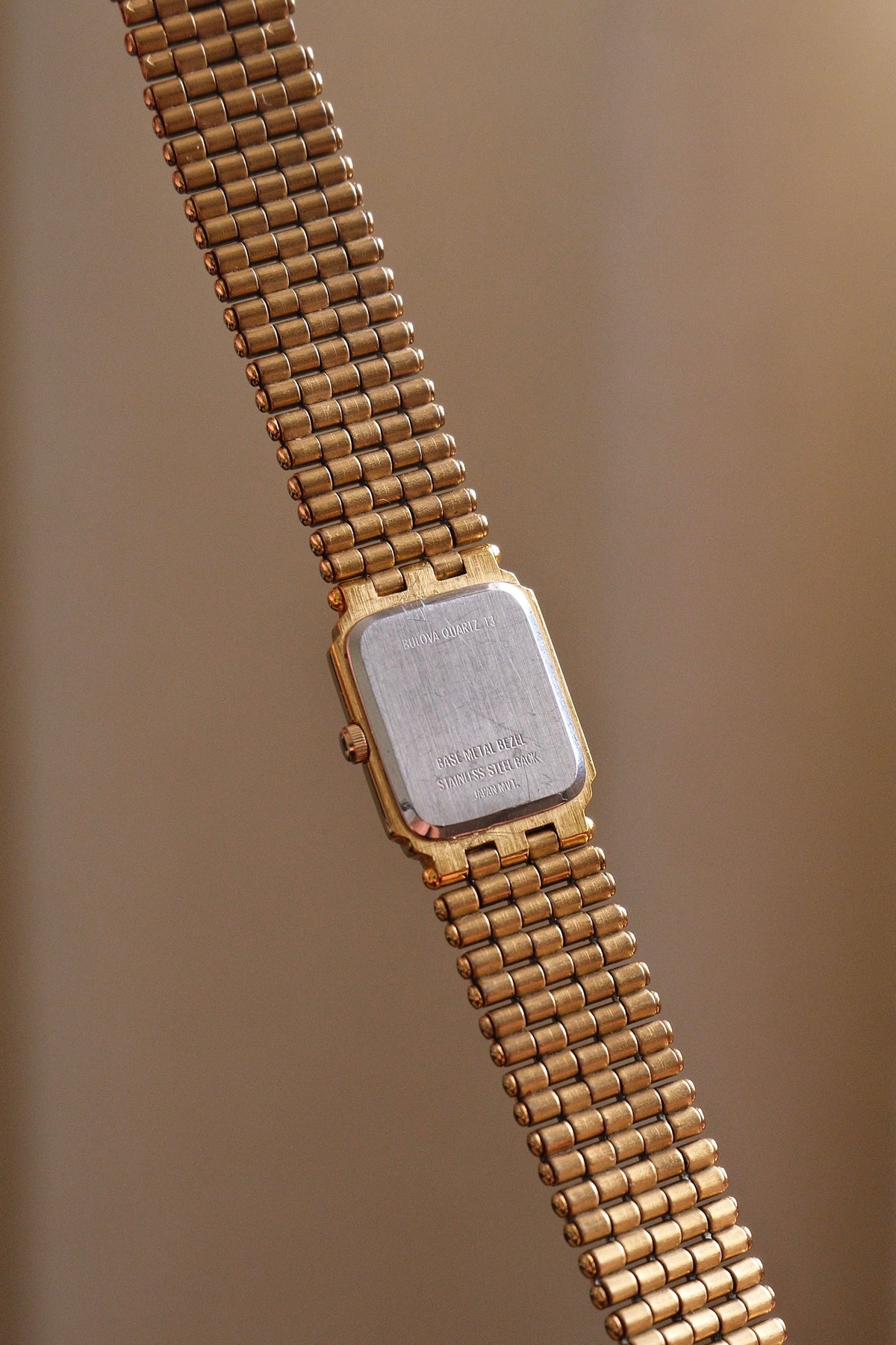Vintage Ladies Gold Bulova Quartz Black Dial Tank Watch in Box Working