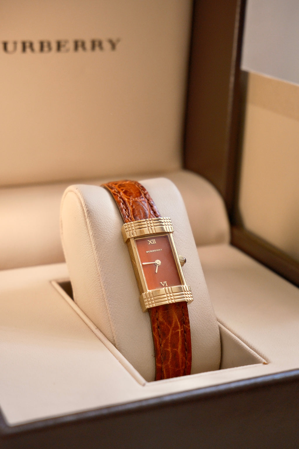 Rare Vintage 00s Orange Dial Burberry Tank Style Gold Watch on Orange Leather Strap Box & Papers