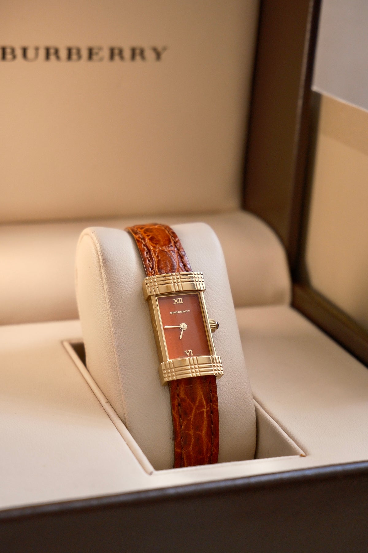 Rare Vintage 00s Orange Dial Burberry Tank Style Gold Watch on Orange Leather Strap Box & Papers