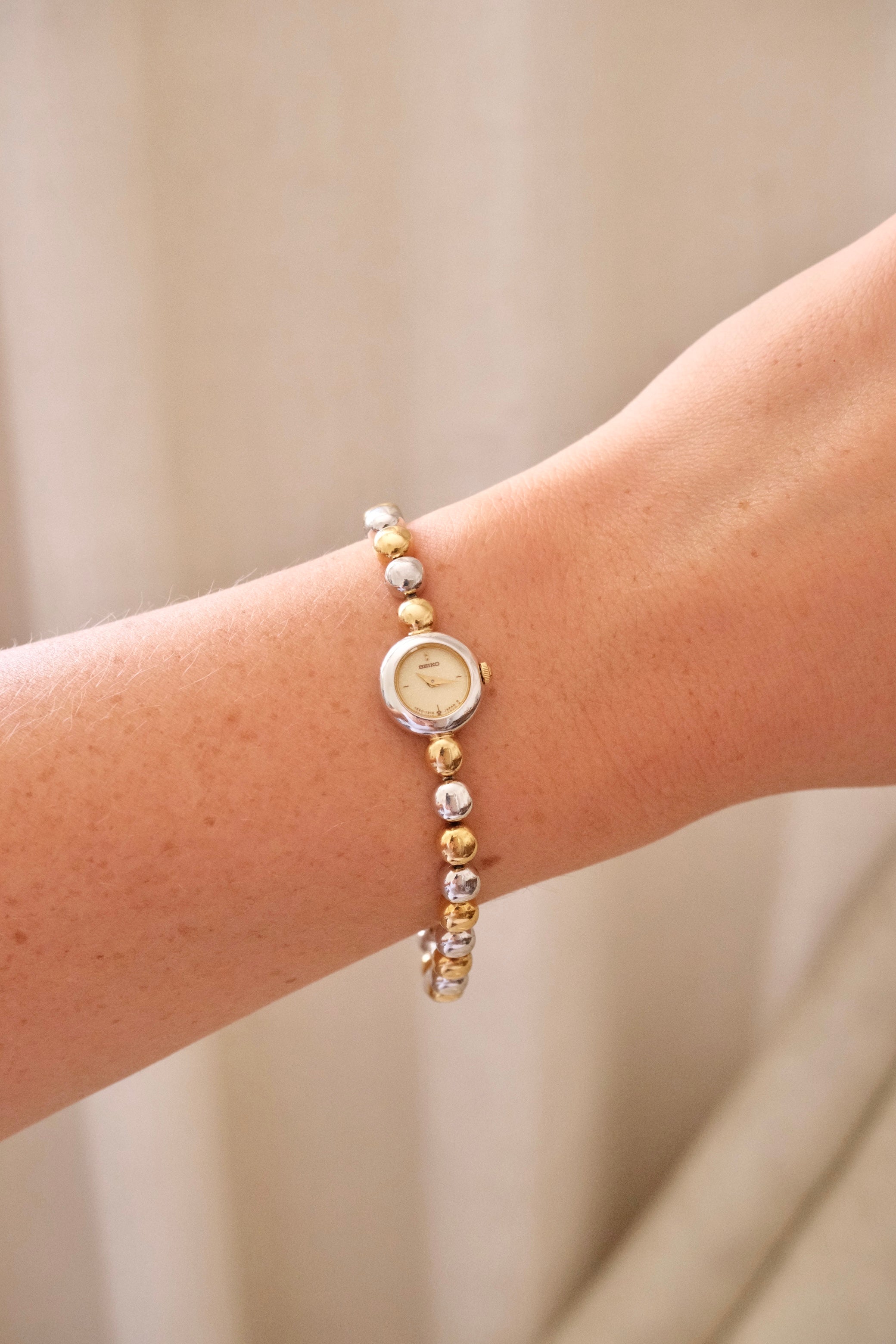 Rare Dainty Petite 90s Seiko Vintage Two Tone Watch Working with Safety Chain