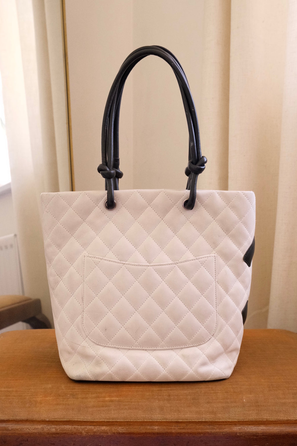 Authentic 2004 Chanel Cambon Tote Bag White Black Quilted Leather Shoulder Bag