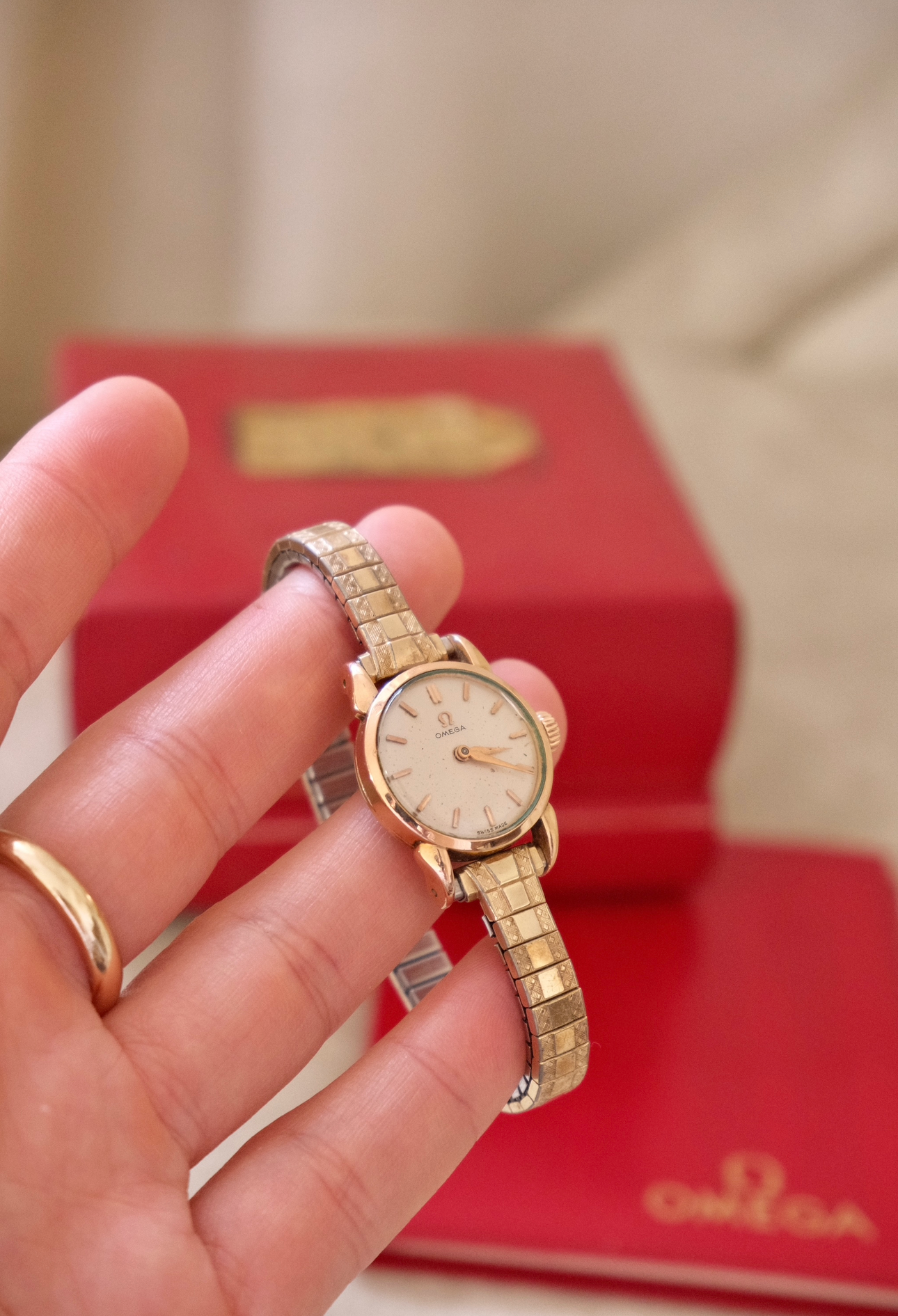 Vintage 9ct Gold Omega Ladies Watch, Mechanical Movement, Original Box