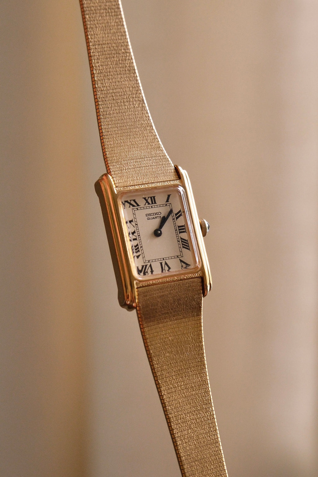 Rare 1980s Ladies Gold Plater Seiko Tank Watch with Roman Numeral Dial