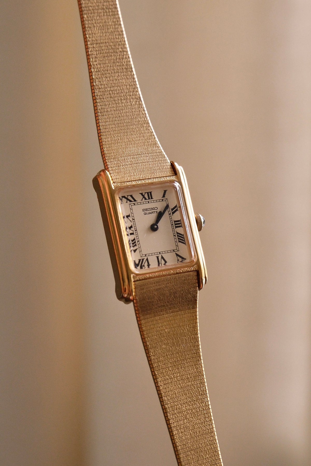 Rare 1980s Ladies Gold Plater Seiko Tank Watch with Roman Numeral Dial