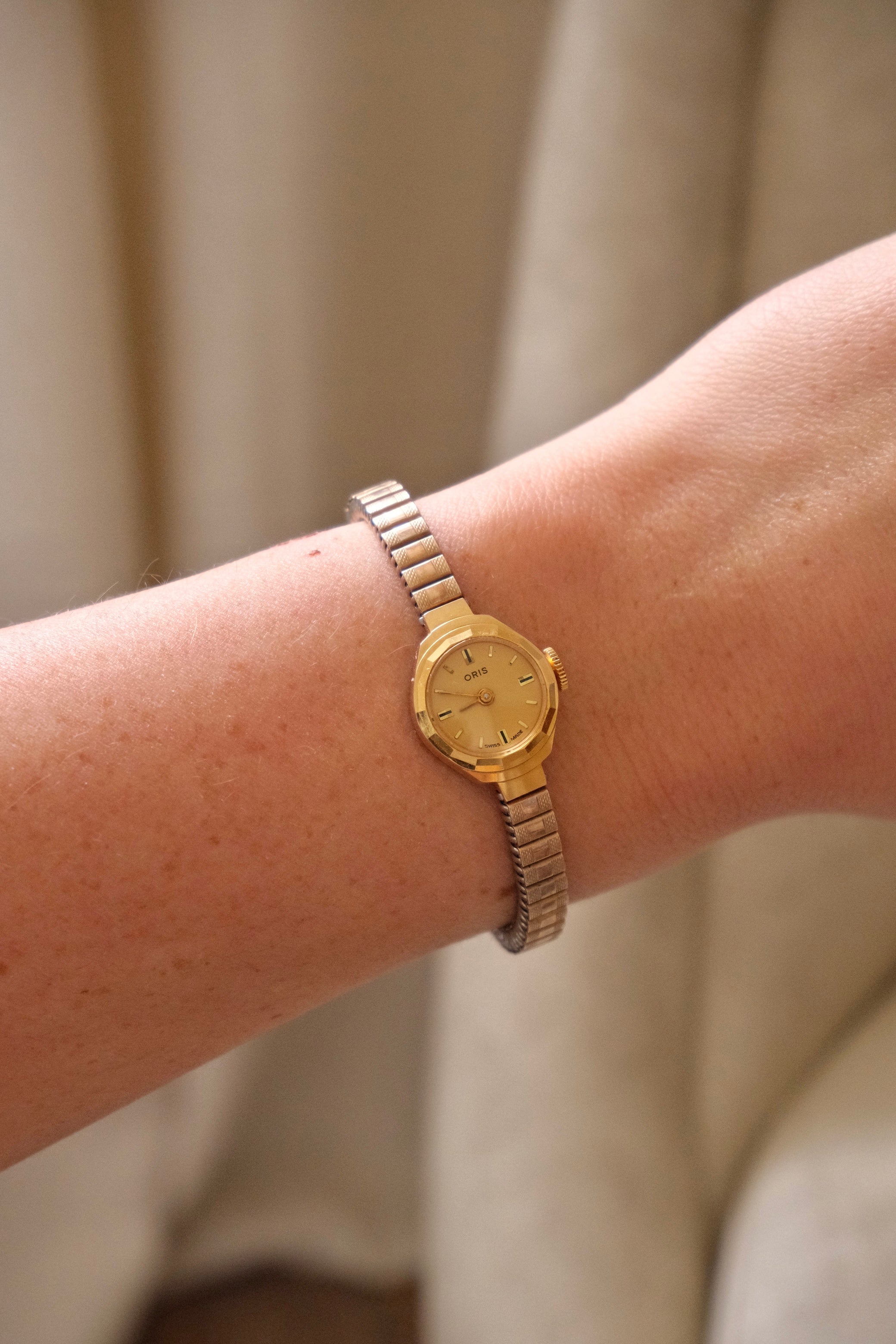 Vintage Ladies Oris Gold Plated Watch with a Stretch Band Manual Wind Working