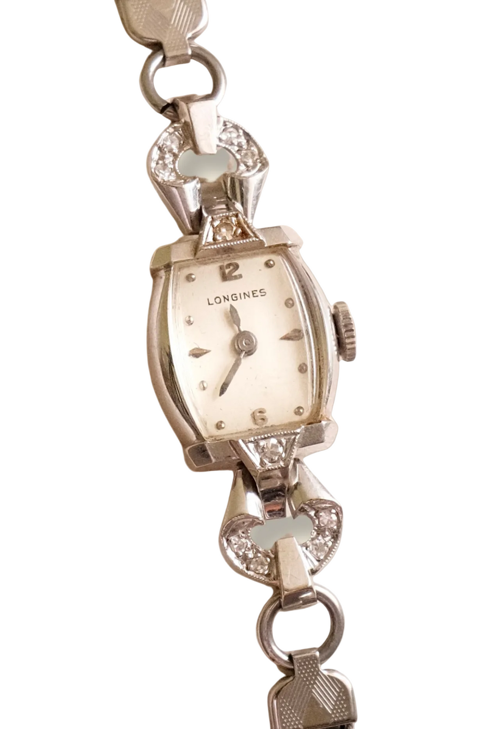 Rare Vintage Longines 14K White Gold Diamond Ladies Watch – Art Deco Style 1950s Swiss 17 Jewel Manual Wind Wristwatch