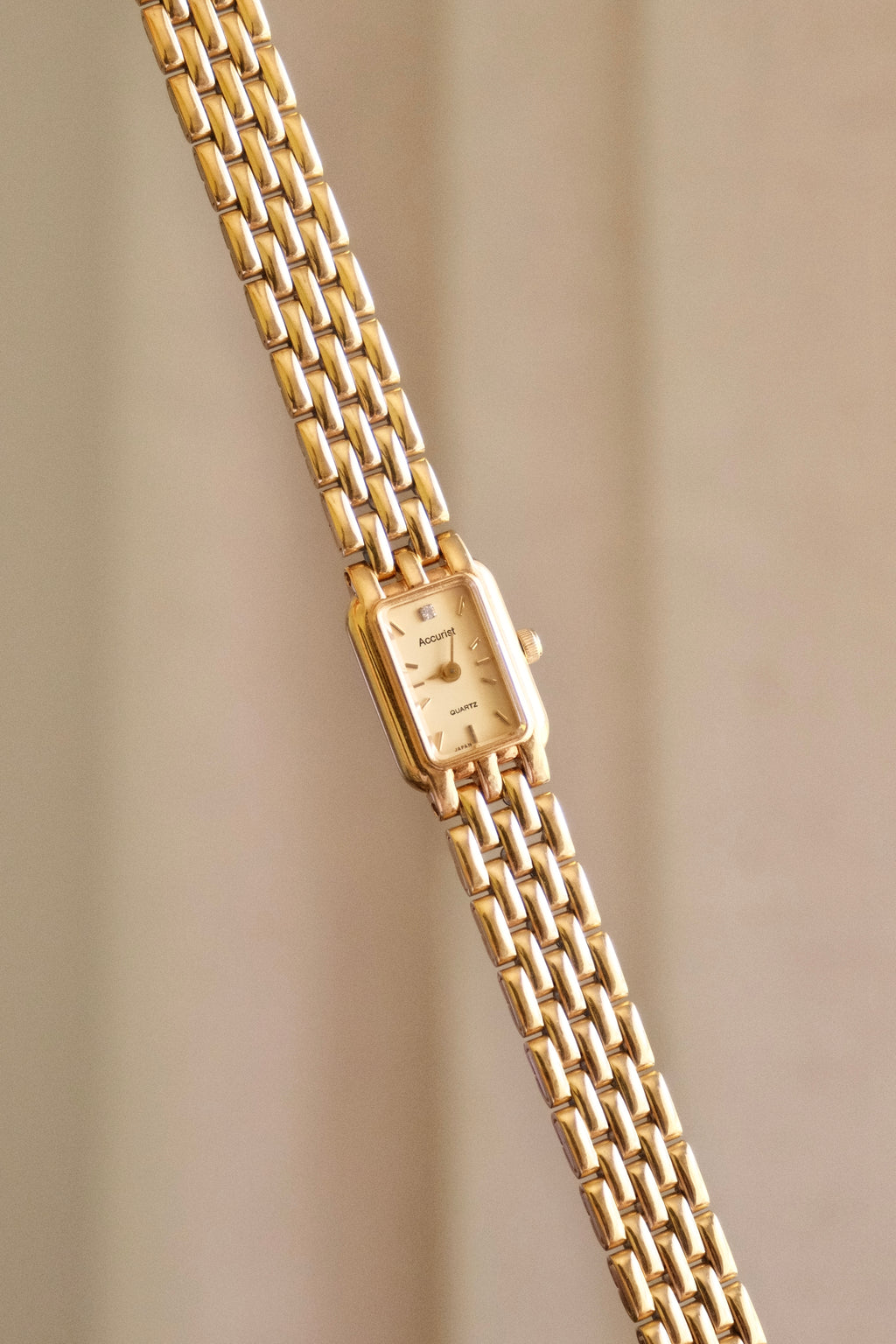 Vintage 1980s Gold  Accurist Ladies Tank Watch  Japanese Movement Diamond Accent Housed in Original Box