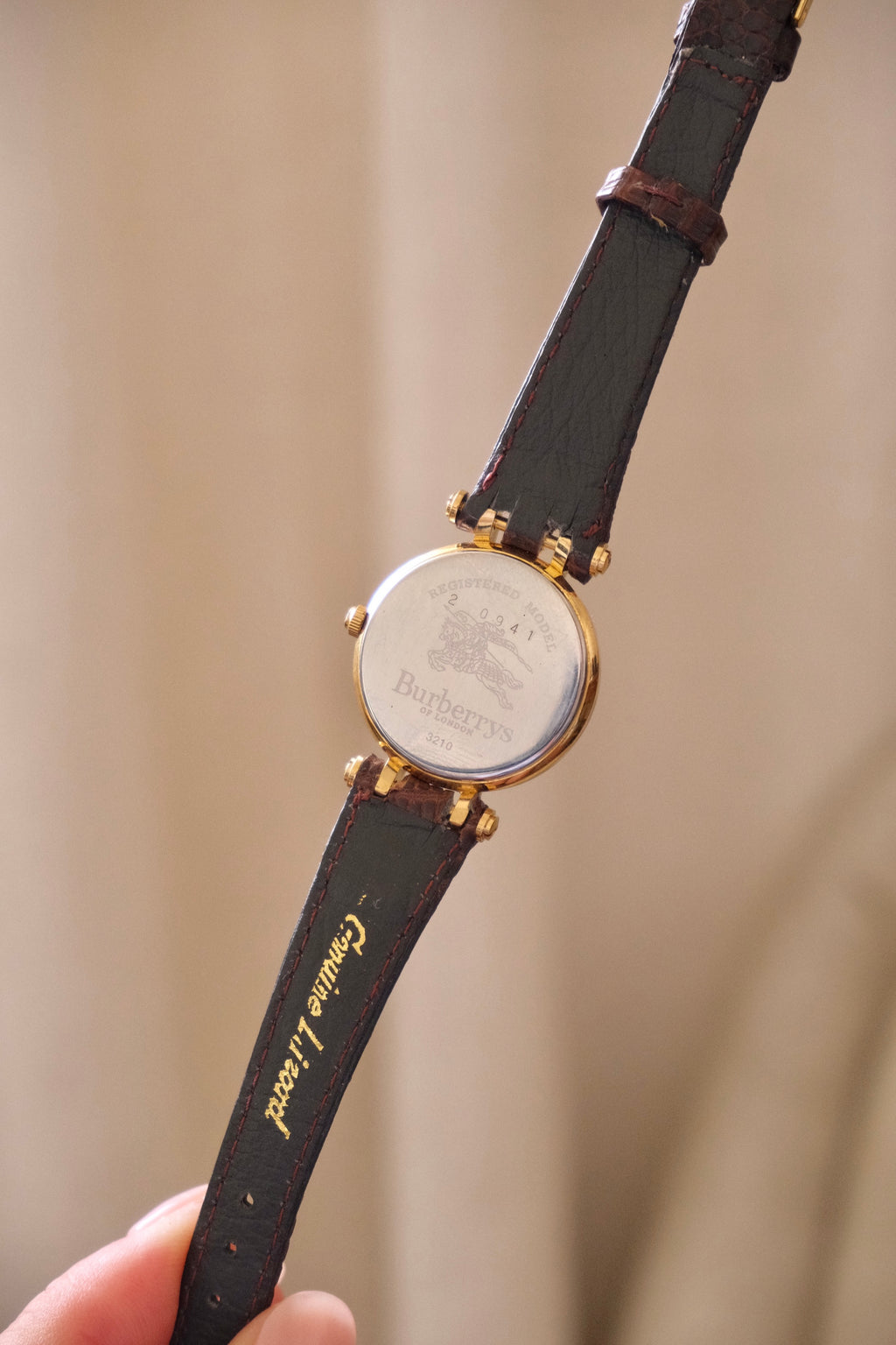 1994 Ladies Burberrys Gold Tone Round Watch with Date Brown Lizard Strap