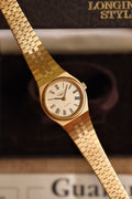 Vintage Ladies Gold Plated Longines Watch, Roman Numeral Champange Dial Box & Papers